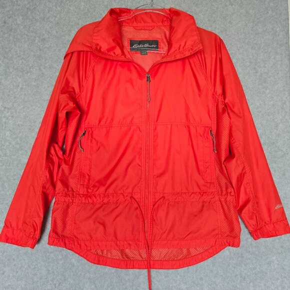 Eddie Bauer Women Size M Lightweight Outdoors Orange Full Zip Hooded Rain Jacket - Picture 1 of 10
